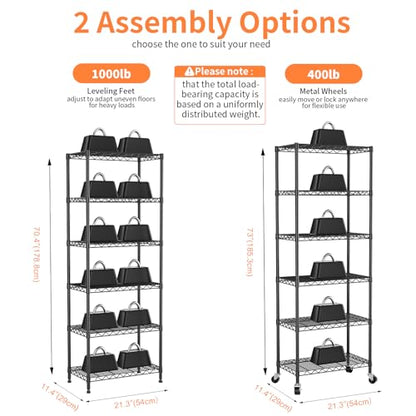 6-Tier Wire Rack Shelving,Metal Shelf Racks with Lockable Wheels, Black - color: 6-tier Black-21.3"x11.4"x73"(wxdxh)