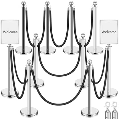 Blulu 8 Sets Stainless Steel Stanchion Set 8 Crowd Control Poles 7 Velvet Ropes and 2 A4 Sign Holders Carpet Ropes and Hollow Base Poles Easy Assembly Safety Barrier for Event Party(Silver)