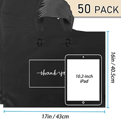 Thank You Shopping Bags - Soft Loop Handles Black 50Pcs 17x16In