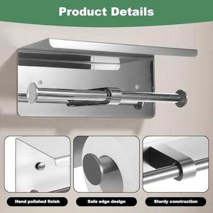 Double Roll Toilet Paper Holder with Shelf, 304 Stainless Steel Wall Mount Tissue Roll Holder for Bathroom, Commercial Toilet Paper Holder Toilet Tissue Dispensers with Phone Shelf (Silver)