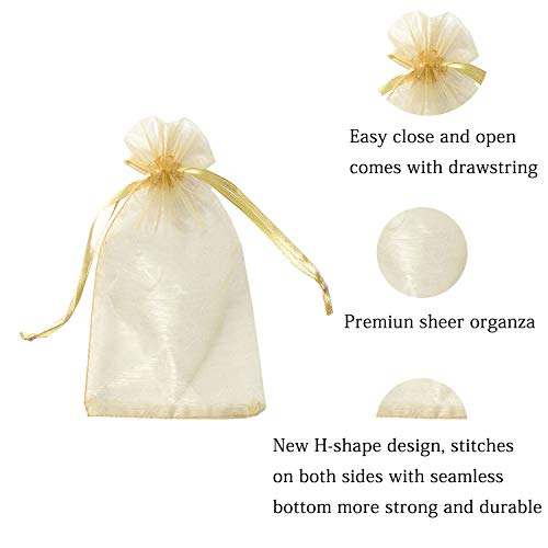 100pcs 5x7 inch Gifts Wrap Bags Gold, Organza Sheer Fabric Bulk, Drawstring - color: Gold