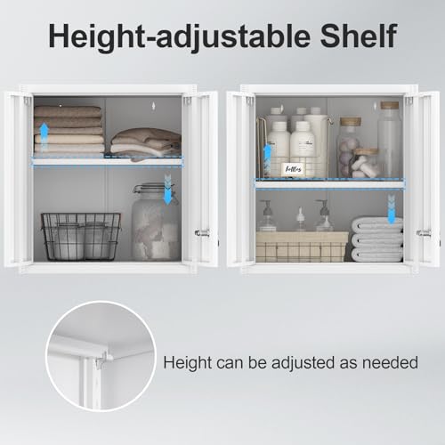 Metal Storage Cabinet with Lock, Kitchen Cabinets Wall Mounted, Steel Wall Cabinet with Doors and Shelf, Hanging Cabinet for Laundry, Pantry, Home Office, White - color: 28"h - White