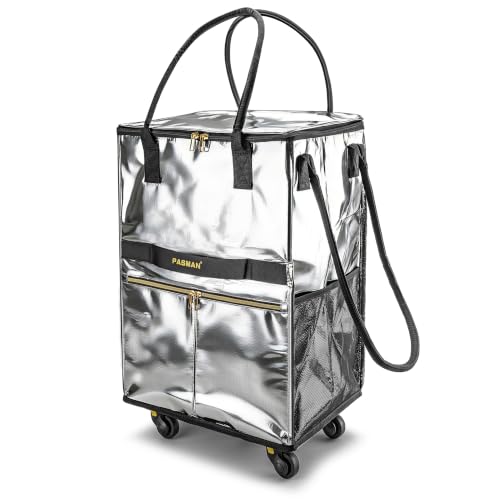 PASMAN Reusable Foldable Rolling Grocery Bag on 5 Wheels,Medium, Silver - color: Silver, size: Medium