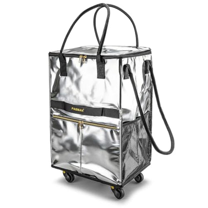 PASMAN Reusable Foldable Rolling Grocery Bag on 5 Wheels,Medium, Silver - color: Silver, size: Medium