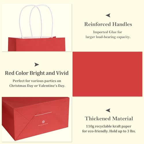 BagDream Gift Bags with Handles 5.25x3x8 Inch Bright Red 100 Pack Bulk - color: Red