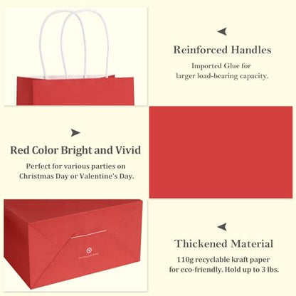 BagDream Gift Bags with Handles 5.25x3x8 Inch Bright Red 100 Pack Bulk - color: Red