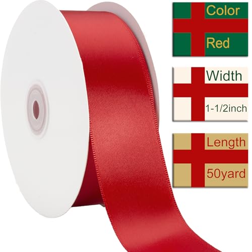 1-1/2 Inch Red Ribbon 50Yards – Perfect for Gift Wrapping - color: Red, size: 1-1/2"