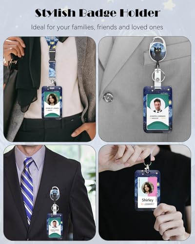 Uniclife Fashionable Sliding Badge Holder Starry Night & Black Cat Plastic Card Holder with Retractable Badge Reel Carabiner Detachable Lanyard Vertical Card Protector for Office Worker - color: Starry Night & Black Cat