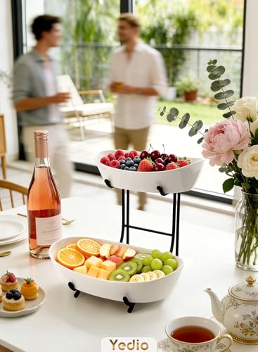 2 Tier Ceramic Fruit Bowl for Kitchen Counter with Black Metal Stand - color: Black, size: 2 Tier