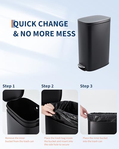 13 Gallon Stainless Steel Indoor Recycling Bin – Removable Inner Bucket, Soft-Close Step Pedal Lid, Fingerprint Resistant, Narrow Trash Can for Kitchen, Bathroom, Office, Black - color: Black