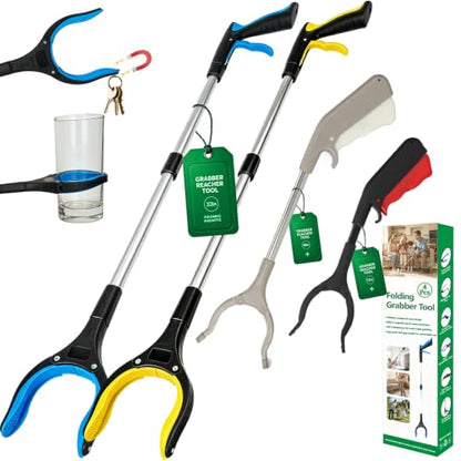 4 Pack Reacher Grabber Set: 32" Foldable Pick Up Tool with Magnet (Blue/Yellow), 16" Stainless Steel & 12" Mini Iron Grabber, 360° Rotating Head Trash Picker for Seniors & Garden - color: 32"blue&yellow+16"gray+12"black - 4pack