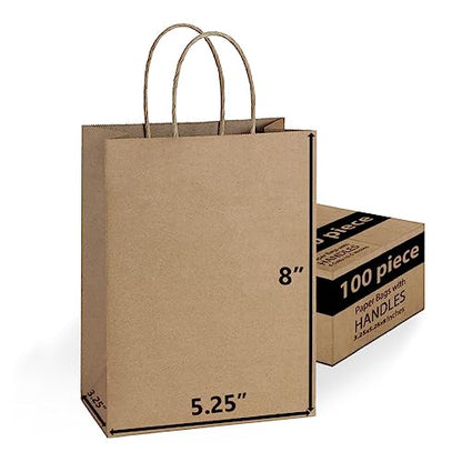 Brown Paper Gift Bags Bulk with Handles 5.25 X 3.25 X 8 [100 Bags] Ideal for Shopping, Packaging, Retail, Party, Craft, Gifts, Wedding, Recycled, Business, Goody and Merchandise Kraft Bag - color: Brown