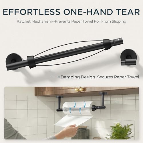FORIOUS Paper Towel Holder Under Cabinet, One-Handed Tear，Matte Black - color: Matte Black
