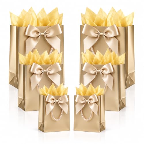 Offizon 12 PCS Champagne Gift Bags, Wedding Bag with Gold Tissue 7.5/11/12.6" - color: 3 Sizes-Champagne-12PCS