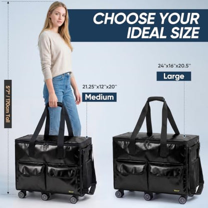 BALEINE Reusable Grocery Bag on Wheels, Foldable Rolling Tote Bag - color: Black- Wide, size: Medium