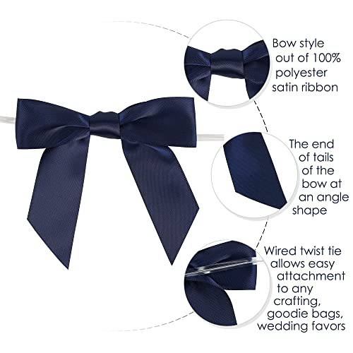AIMUDI Navy Blue Satin Ribbon Twist Tie Bows - 3.5" Pretied Bows for Treat Bags, Cake Pops, Gift Wrapping, Wedding Favors, Baby Showers - 50 Counts - color: Blue Navy