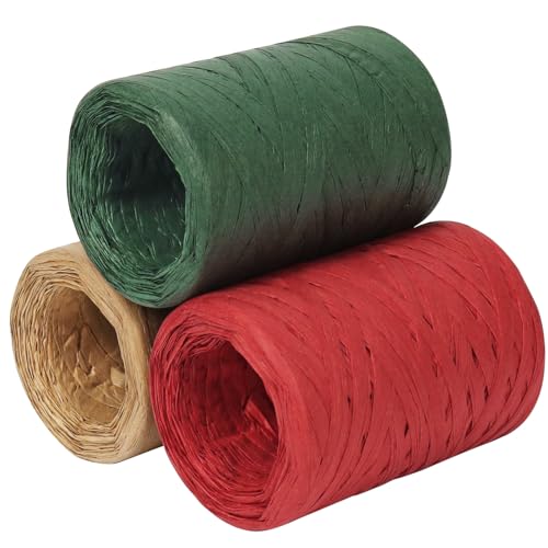 Tenn Well 3Rol 984ft Raffia Ribbon Red Green Natural for Gift Wrapping - color: Red+Green+Natural
