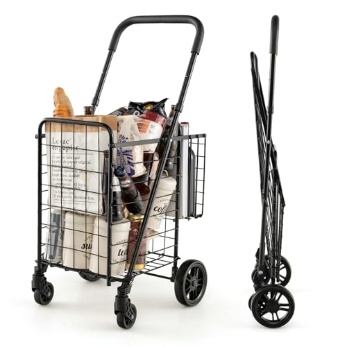 Goplus Folding Shopping Utility Cart, Double Basket and 360° Swivel Wheels, Adjustable Handle, Small Cart Perfect for Grocery Laundry Book Luggage Travel - color: Black