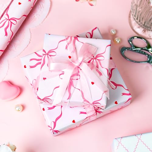 Yarcony Pink Wrapping Paper Roll, Cute Coquette Bows Gift Wrap, Reversible Pink Bow & Quilted Diamond Design Girly Wrapping Paper for Birthday, Baby Shower Valentine's Day, Christmas (17 In X 33 Ft) - color: Pink Bow, size: 17 Inch X 33 Feet