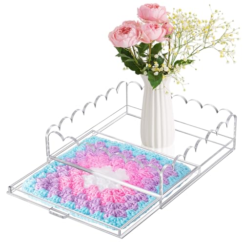 GlikCeil 1 Pcs 12" x 12" Acrylic Scalloped Tray Large Clear Acrylic Tray with Drawer for Insert Customizable Photos, Art, and Fabric Scalloped Basket for Needlepoint Napkin Frame Display Messages - size: 12" X 12"