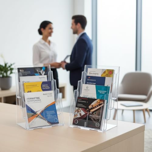 Azar Displays 252376-2PK Four Tier, Four Pocket Letter Brochure File Holder for Flyer, Office Supplies, Paper Document or Magazines, Clear Organizer for Wall and Counter Desktop Stand, 8.5" x 11" (2-Pack) - size: 4 Tier