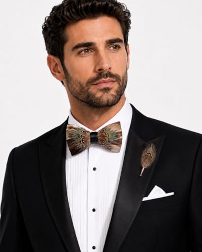 RBOCOTT Handmade Feather Pre-tied Bow tie and Brooch Sets for Men - color: Brown/Turqupise