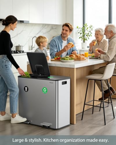 Dual Trash and Recycling Bins for Kitchen, 2*13.2 Gal Dual Trash Can,Silver - color: Silver, size: 2 * 13.2 Gallon