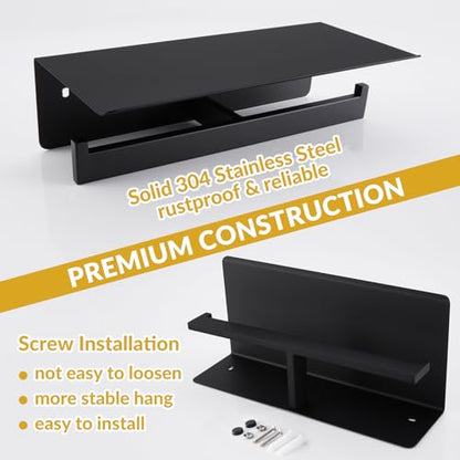 APLusee Matte Black Double Toilet Paper Holder with Shelf, Wall Mounted - color: Matte Black, size: Double Rod