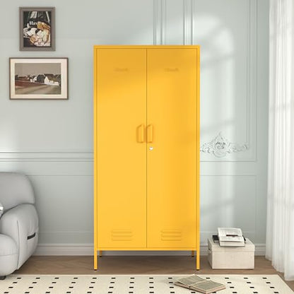 Metal Armoire Wardrobe Closet, 67" Tall Yellow Lockable Wardrobe Cabinet with 2 Doors, Hanging Rod and Adjustable Shelves, Steel Clothing Storage Cabinet for Bedroom, Home, Cloak Room, Gym, Office - color: Mustard, style: Wardrobe-67"H-JS