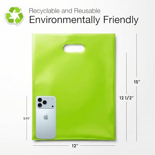 100 Lime Green Plastic Bags With Handles 12x15 Merchandise Bags - color: Lime Green