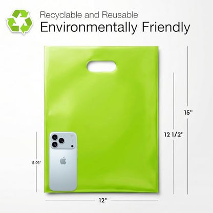 100 Lime Green Plastic Bags With Handles 12x15 Merchandise Bags - color: Lime Green