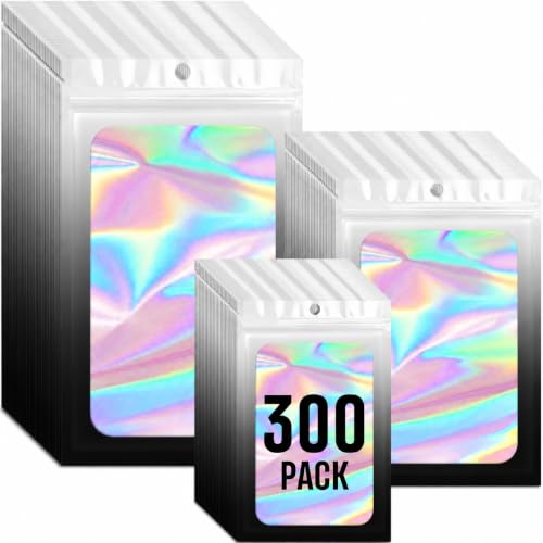 Funfery 300 Pack 3Size Mylar Holographic Bags with Clear Window,Black White - color: Black White, size: 3x4.7+4x6+4.7x7.9 Inch