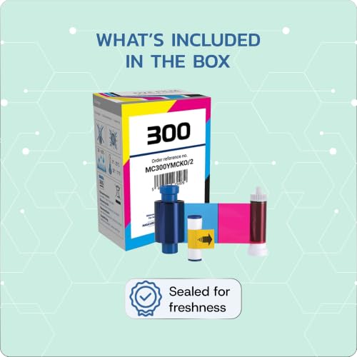 Magicard 300 Printer 2 x MC300YMCKO Color Ribbon - YMCKO - 600 Prints (Total) with Bodno Premium CR80 30 Mil Graphic Quality PVC Cards - Qty 300 - color: Ymcko, size: 2 Pack with Cards
