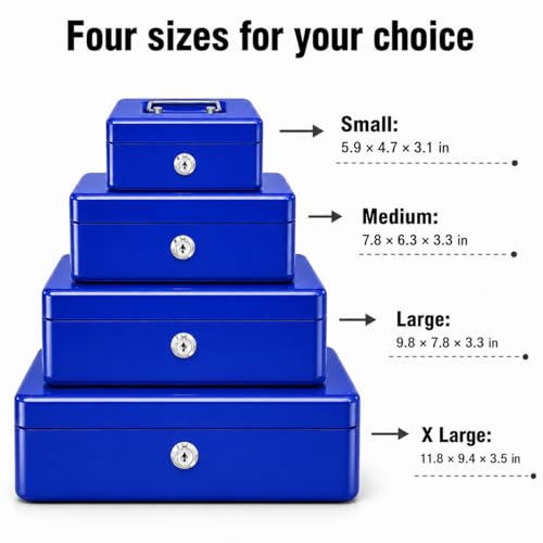 Steel Cash Box with Key Lock, Metal Small Money Organizer with Money Tray,Cash Storage Box with Lockable Cover (Blue - 6 inch) - color: Blue - 5.9" x 3.1" x 4.7"