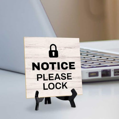 Notice Please Lock 5"x 5" Square Table Sign With Acrylic Easel | General Office Notices & Business Table Signs - color: Notice Please Lock