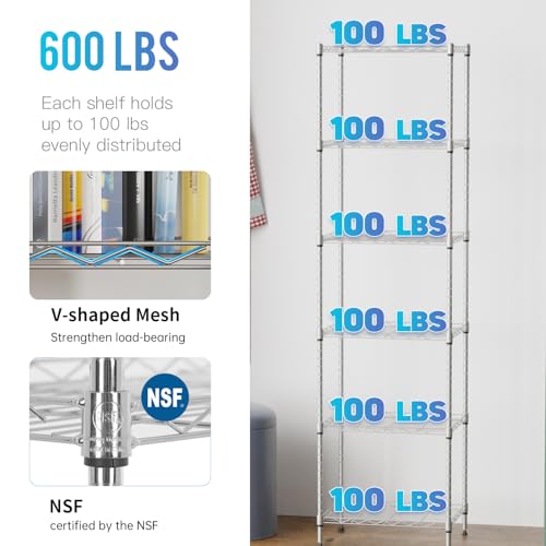 FDW | 6-Tier Wire Shelf | 17" x 12" x 64" | Chrome - color: Chrome, size: 6-Shelf Small No Wheels