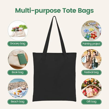 Carbrea 12 Pack Thin Canvas Tote Bags Bulk, Reusable Grocery Bags - Black - color: Black, size: Medium
