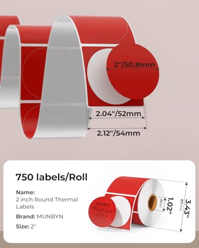 MUNBYN 2 Inch Red Round Thermal Labels for Business, 750 Sheets/1 Roll - color: Red, size: 2inch