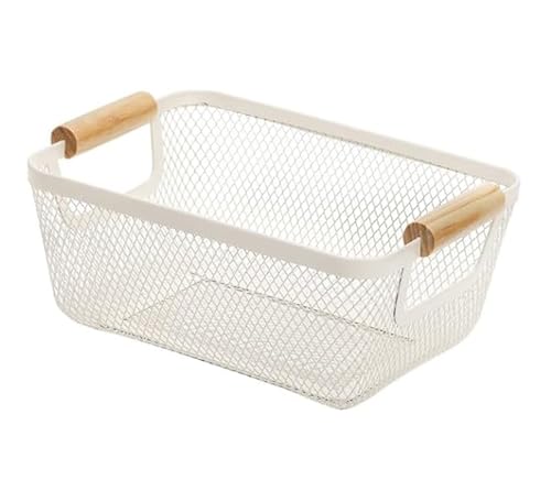 AJIODA Metal Mesh Steel Basket, Small Wire Storage Organizer Basket Multi-function Hanging Kitchen Basket with Wood Handle for Kitchen Bathroom Picnic Home, Rectangle-Off White - color: Off-White, size: 1Pack-Small