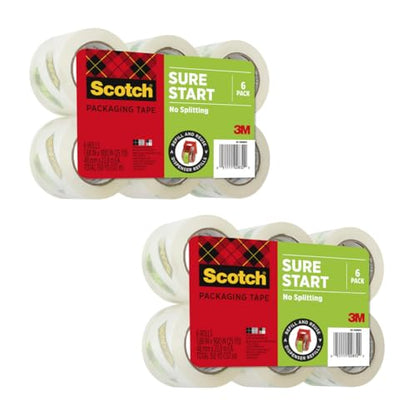 Scotch Sure Start Shipping Packaging Tape, 1.88" x 25 yd, Clear (12 Rolls) - size: 12 rolls