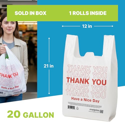 T-Shirt Bags Printed “Thank You” 21x12 Inches, 0.8 Mil Thick, 100 Count – Durable Plastic Carry Bags with Handles, Leak-Proof & Tear-Resistant, 20 Gallon Capacity, Recyclable Grocery & Restaurant Use