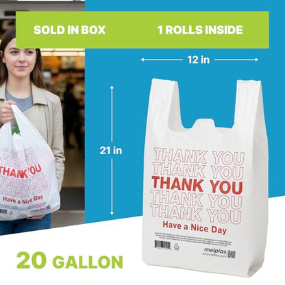 T-Shirt Bags Printed “Thank You” 21x12 Inches, 0.8 Mil Thick, 100 Count – Durable Plastic Carry Bags with Handles, Leak-Proof & Tear-Resistant, 20 Gallon Capacity, Recyclable Grocery & Restaurant Use