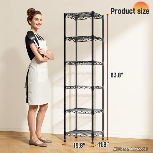 DurayLoly 63.8" H 6-Tier Narrow Storage Shelves, 265lbs, Adjustable, Pantry - size: 15.8"W x 11.8"D x 63.8"H