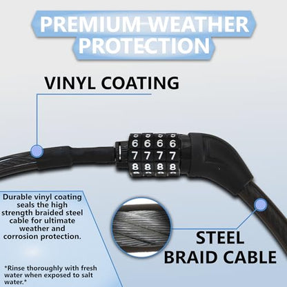 Lumintrail Extra Long Coiled Bike Cable Lock 3/8 Inch 30ft (4, 6, 10, 15, 30ft), Weatherproof Locks for Kayak, Bike, Scooter, Outdoor Equipment, Resettable Combination Lock Anti Theft Protection - size: 30-FT
