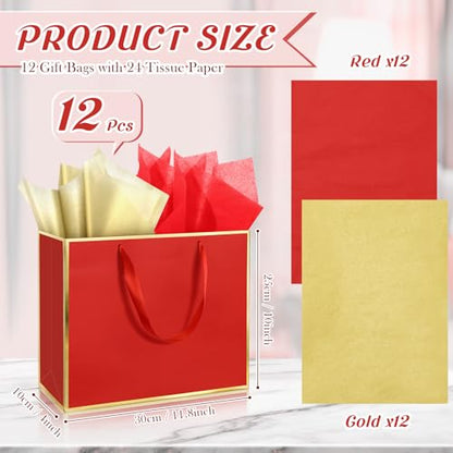 ReliThick 12 Pack Paper Gift Bag with Handles & Tissue, Red, Gold - color: Red, Gold
