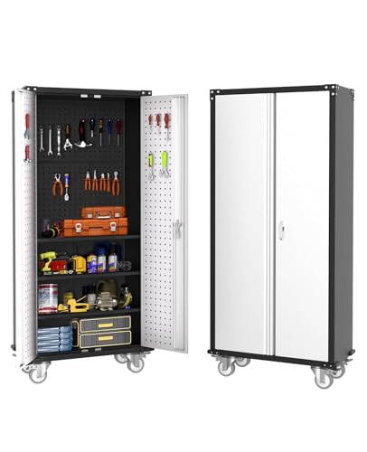IDEALHOUSE Rolling Tool Cabinet with Lock, 72" Heavy Duty Steel Garage Storage, 4 Adjustable Shelves, Pegboard, Mobile Organizer for Tools, Workshop, Home, Industrial Steel Storage Cabinet On Wheels