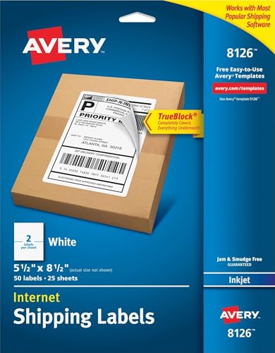Avery Half-Sheet Printable Shipping Labels, 5.5" x 8.5" Customizable Stickers, White, 50 Blank Mailing Labels, Great for Mailing, Shipping, Organizing, and More (8126) - style: 50 labels