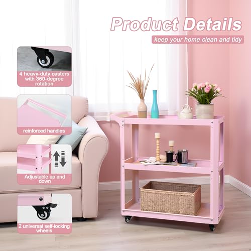 3 Tier Metal Utility Rolling Cart with Wheels, Pink - color: Pink