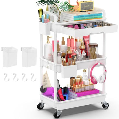 Goovilla 3 Tier Rolling Utility Cart Organizer with Removable Drawer, White - size: 3 Tier, style: White