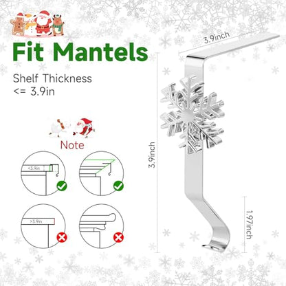 Christmas Stocking Holders for Mantle, Reusable No-Damage Hooks with Fireplace Grip Stand, Xmas Decoration Set for Hanging Stockings on Shelves, Mantel Clips for Holiday Party Home Decor Silver